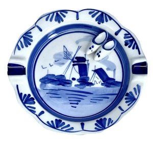 VTG Hand Painted Blue Delft Windmill Porcelain & Clogs Ashtray Trinket Dish MCM